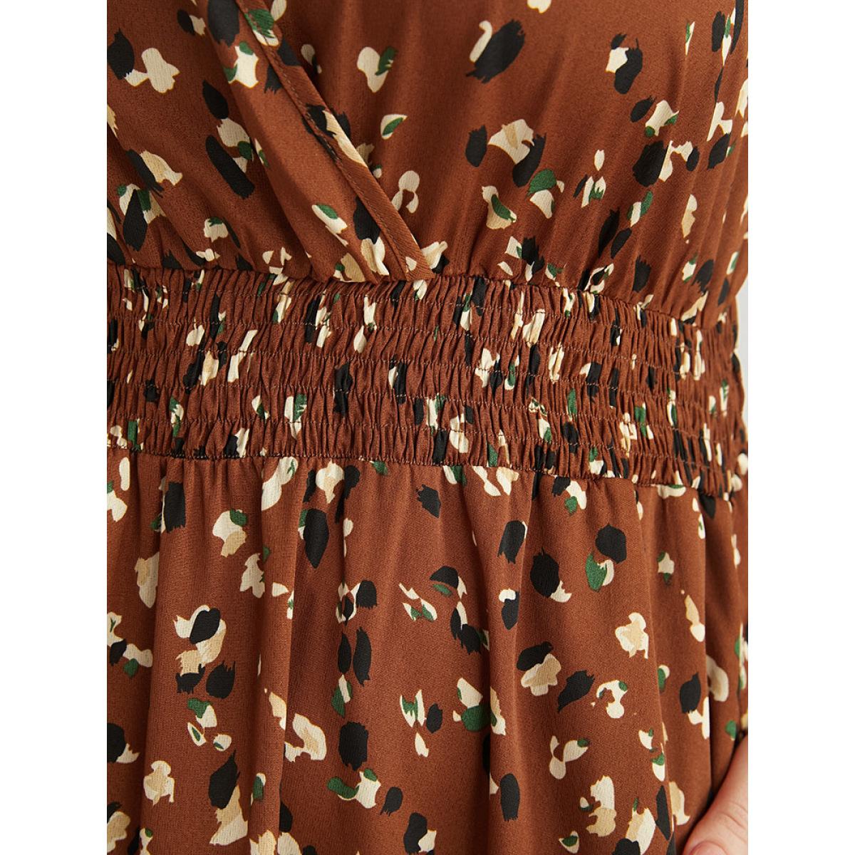 Plus Size Allover Print Shirred Pocket Surplice Neck Hanky Hem Dress Chocolate Women Elegant Asymmetrical V-neck Long Sleeve Curvy Midi Dress BloomChic 30/6X Product Image