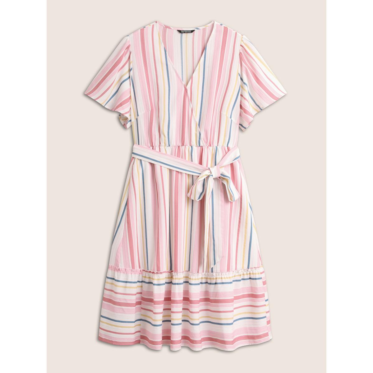 Plus Size Striped Wrap Patchwork Belted Frill Trim Dress White Women Casual Non Overlap Collar Short sleeve Curvy Midi Dress BloomChic 22-24/3X Product Image