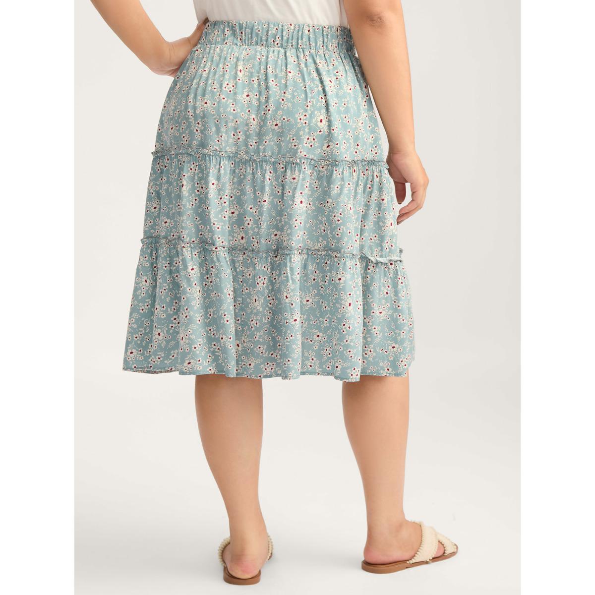 Plus Size Floral Print Stretchy Waist Tiered Midi Skirt Women Stone Loose No stretch Side seam pocket Vacation Skirts BloomChic 28/5X Product Image