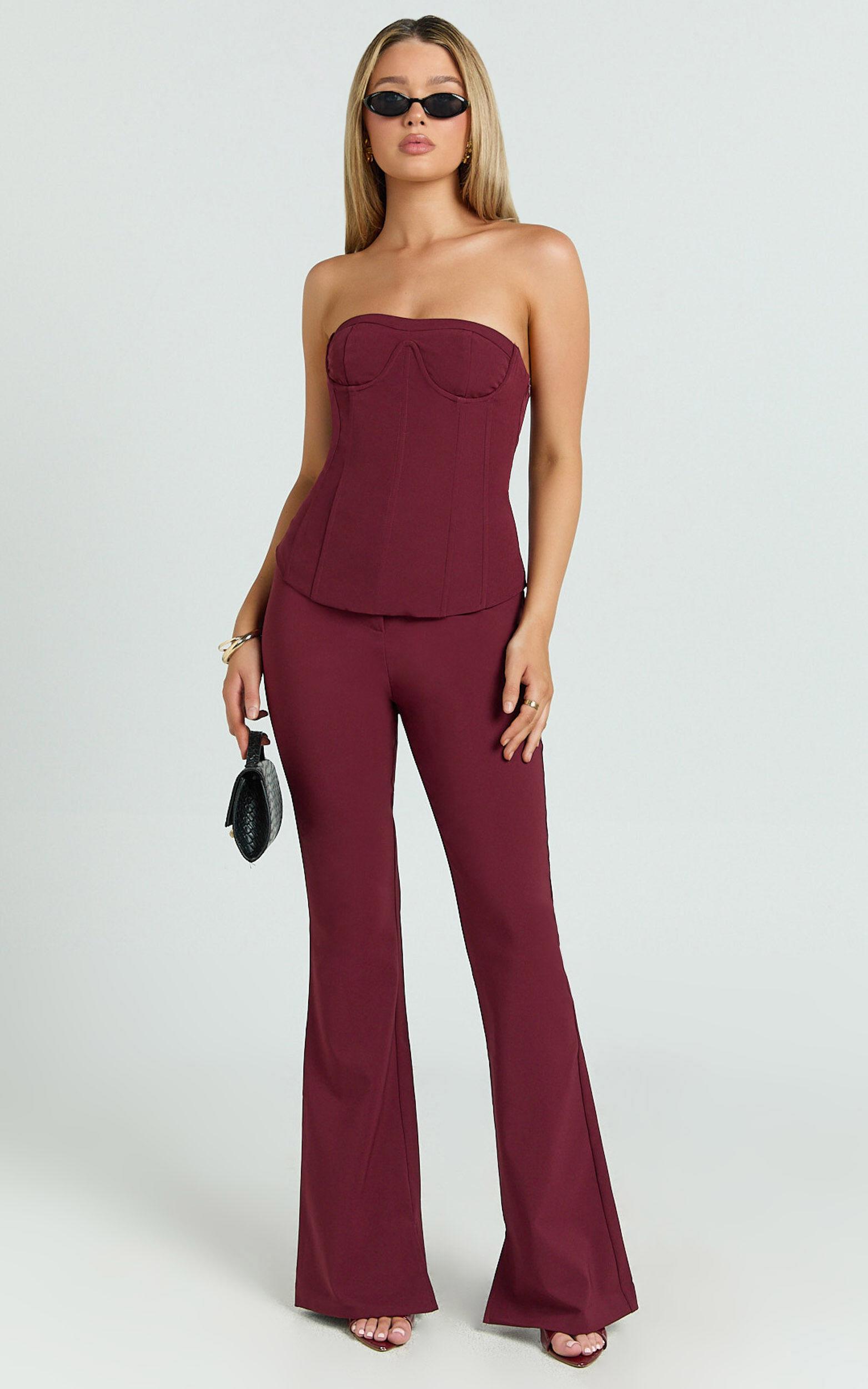 Irene Top - Strapless Sweetheart Lace Up Back Top in Wine Product Image