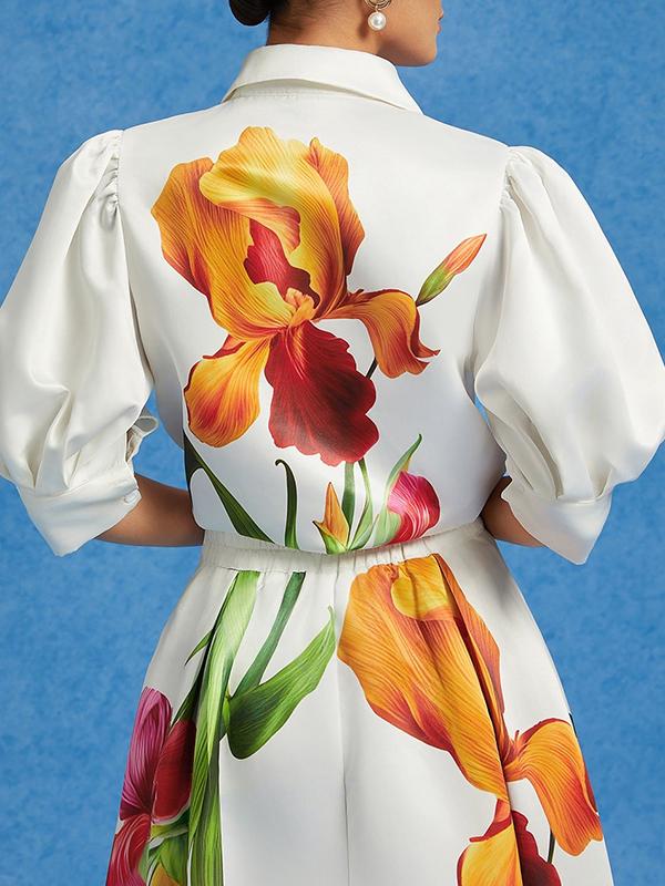 Loose Puff Sleeves Floral Printed Pleated Split-Joint Lapel Blouses&Shirts Tops Product Image
