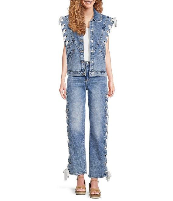 Driftwood Stretch Denim Rounded Collar Lace Bow Vest Product Image