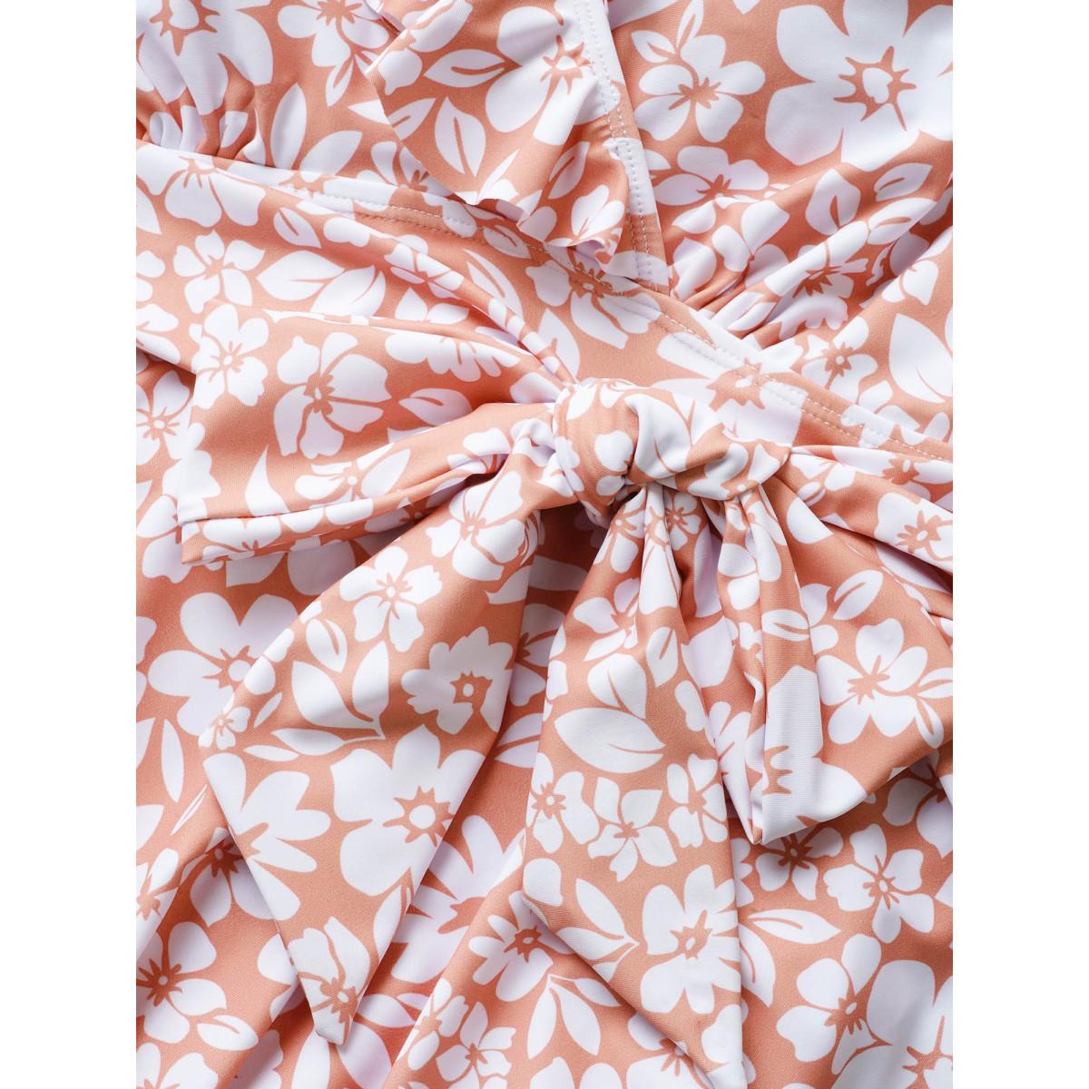 Plus Size Floral Tie Knot Patchwork Ruffles Swim Dress Women's Swimwear Coral Beach Bodycon Overlap Collar High stretch Curve Swim Dresses BloomChic 12/L Product Image