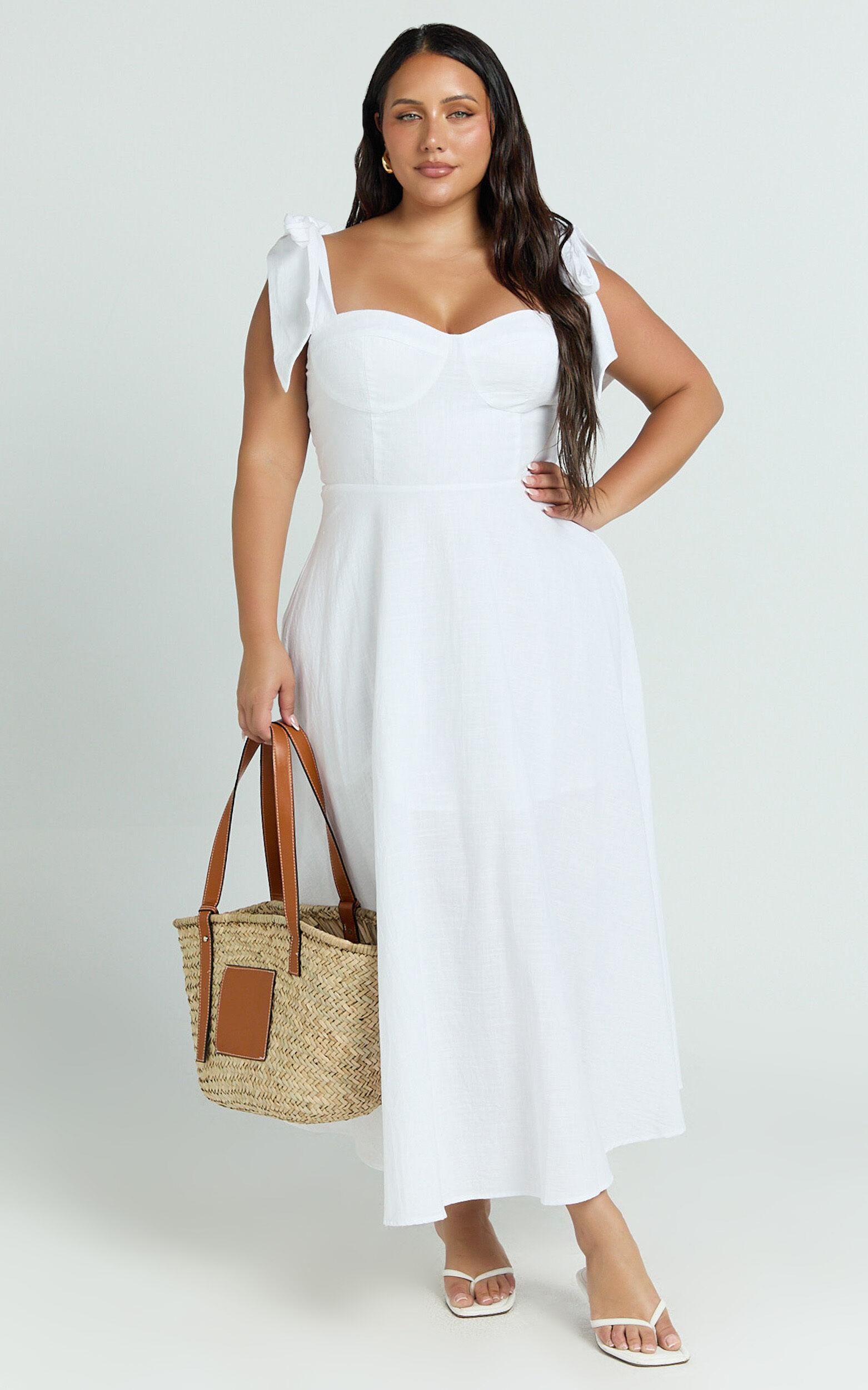 Tymia Midi Dress - Shoulder Tie Bustier Shirred Back A Line in White Product Image