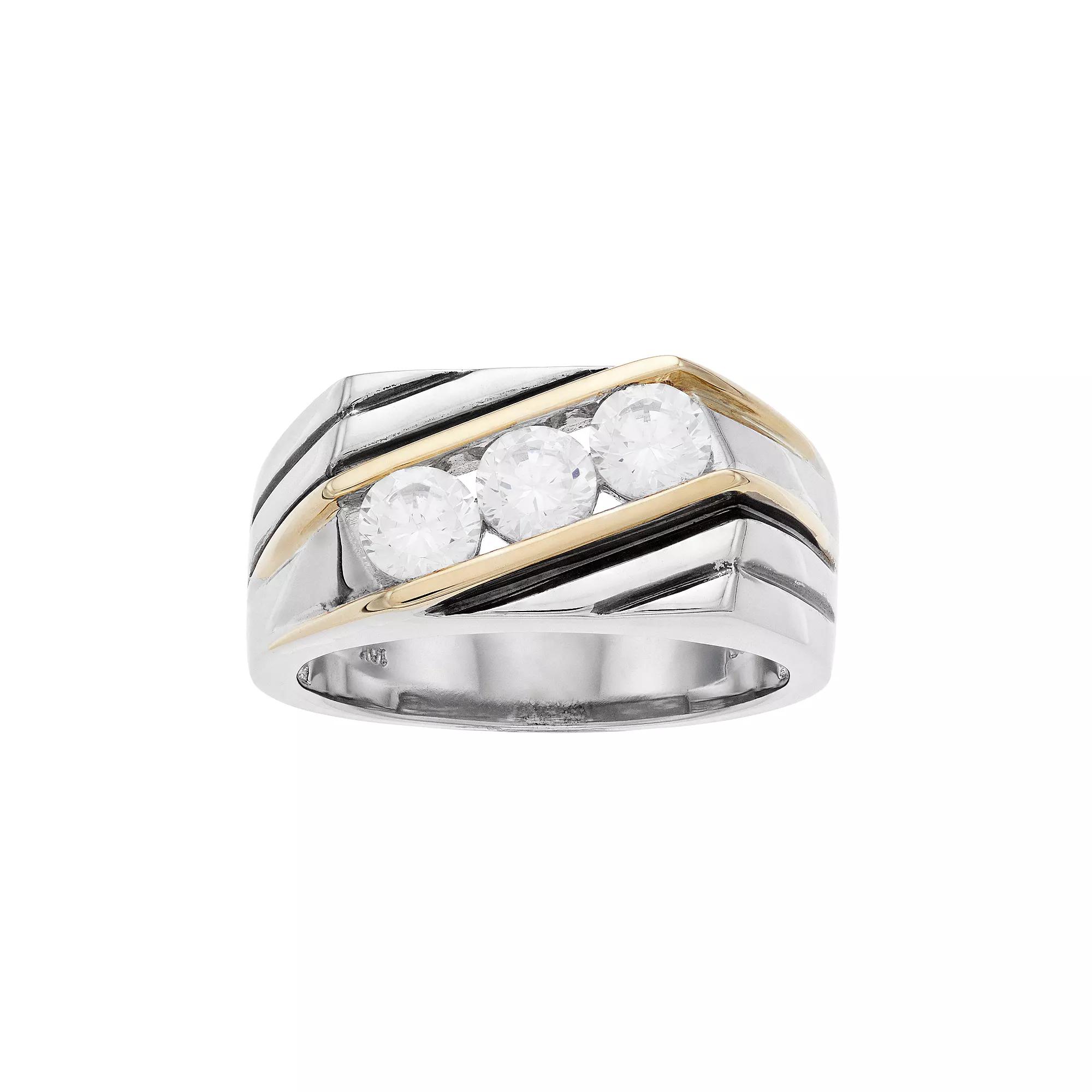 Men's Two Tone Sterling Silver Cubic Zirconia 3-Stone Ring, Size: 11 Product Image