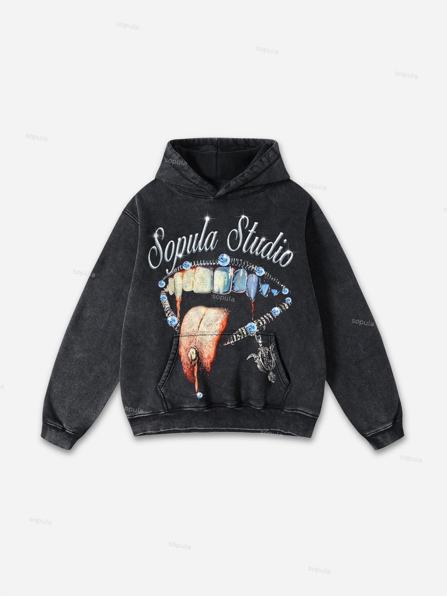 Sopula Vintage Street Portrait Graphic Print Washed Hoodie Product Image