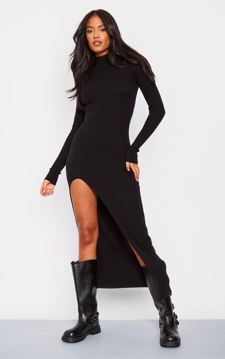 Tall Black Knitted Ribbed Side Split Maxi Dress Product Image