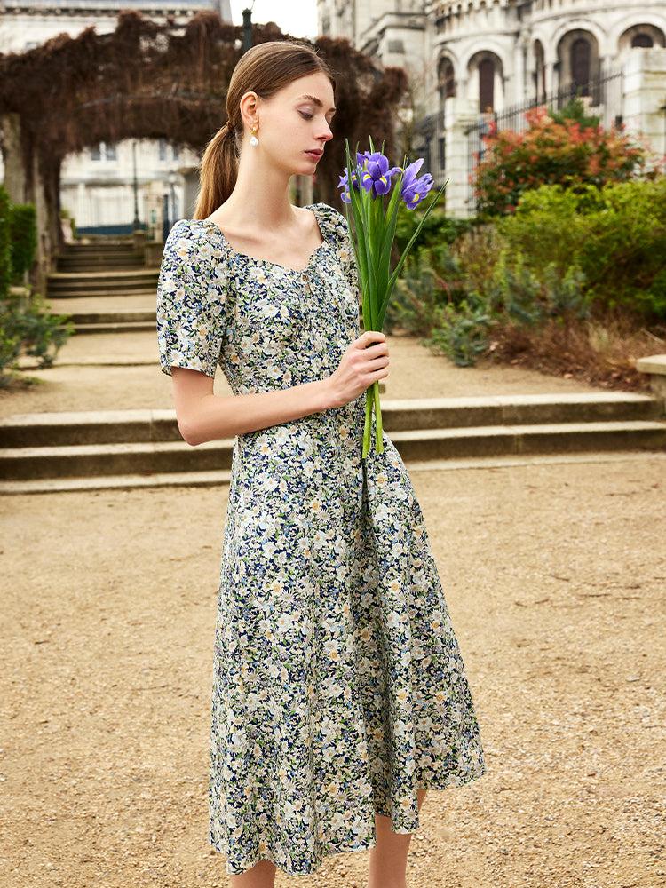 Floral Print Square Neck Women Midi Dress Product Image