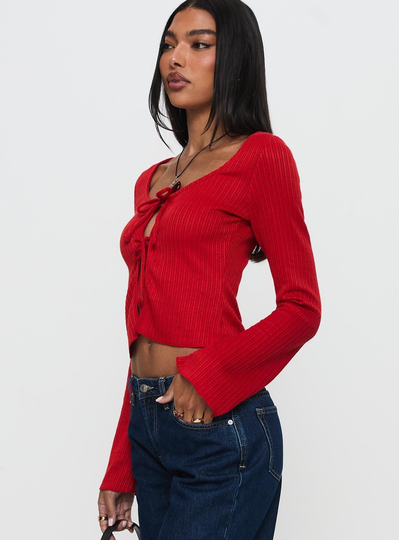 Rowynne Long Sleeve Tie Up Top Red Product Image