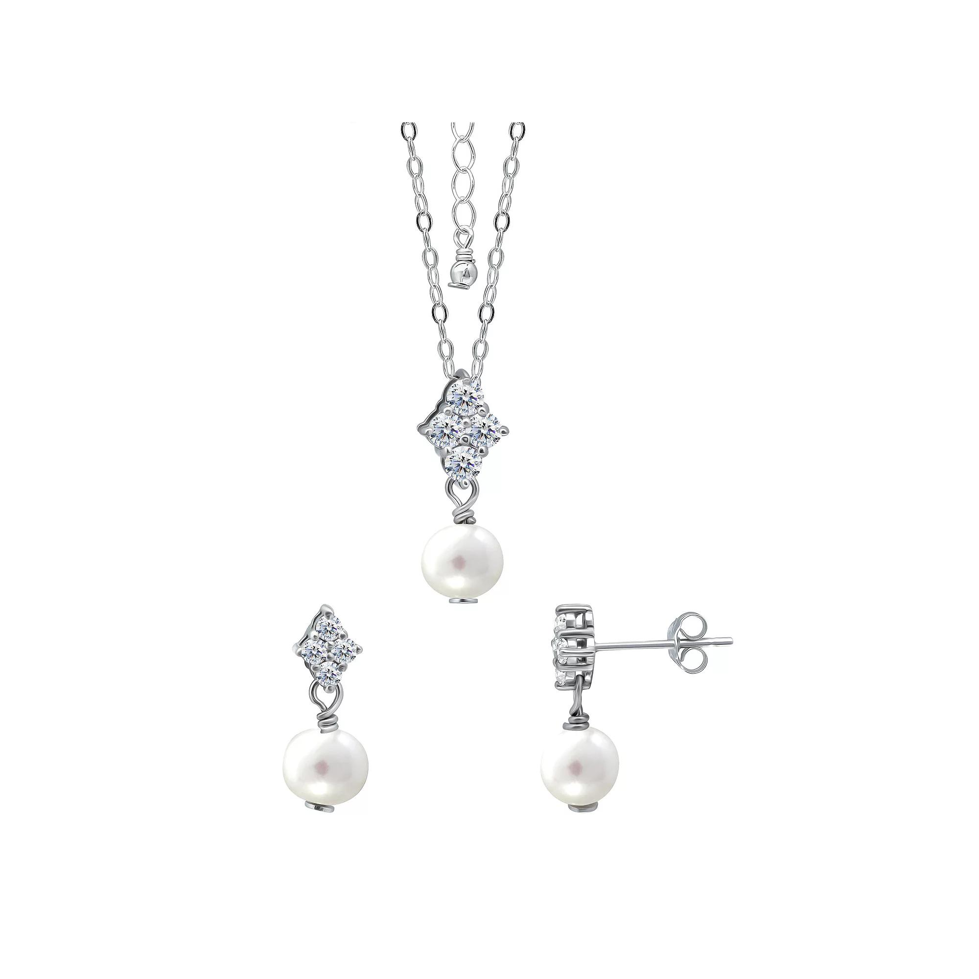 Aleure Precioso 18k Gold Over Silver Cubic Zirconia & Freshwater Cultured Pearl Drop Pendant Necklace & Earrings Set, Women's, Size: 18", Sterling Silver White Product Image