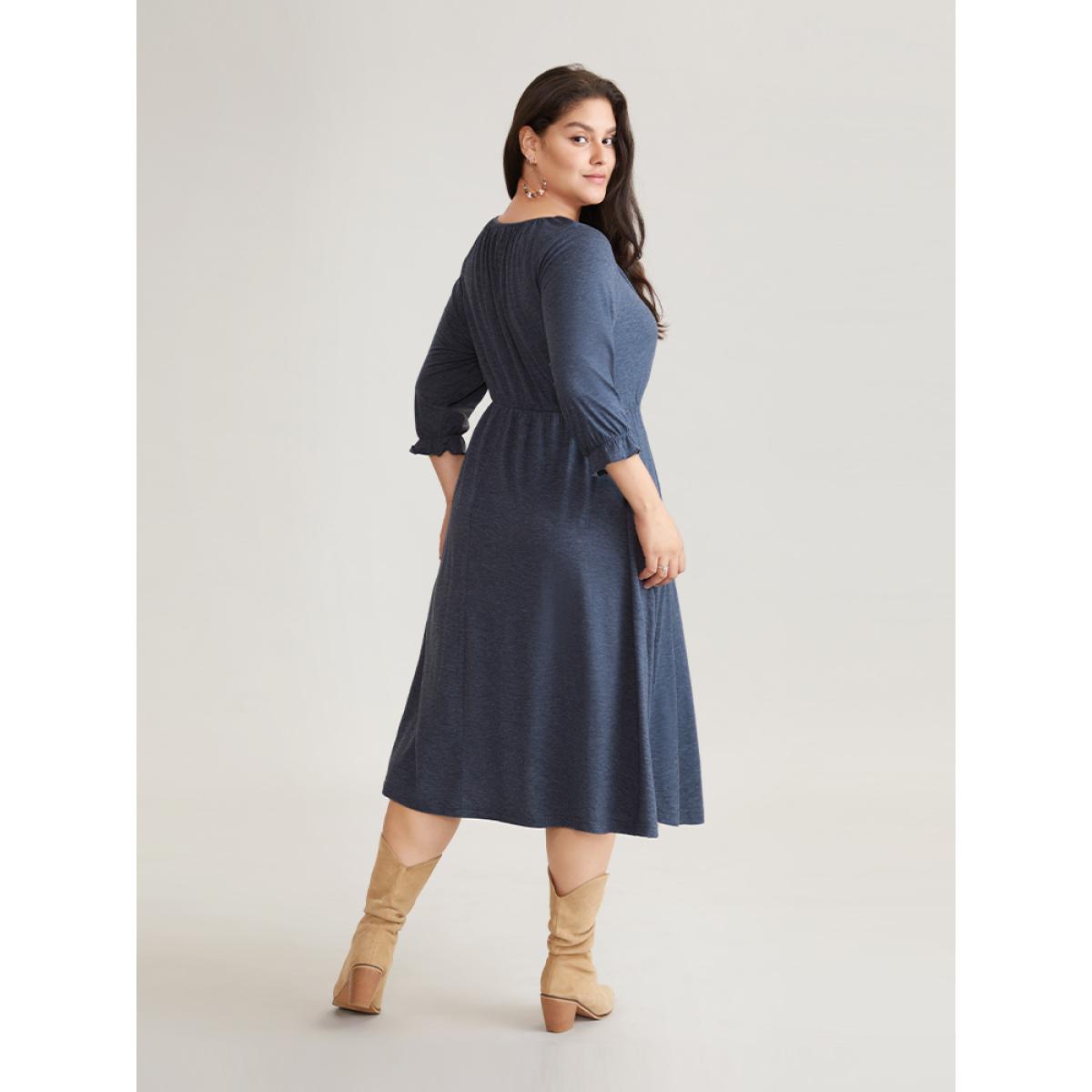 Plus Size Floral Embroidered Knot Neck Lantern Sleeve Dress DarkBlue Women Vacation Plain Tie Neck Elbow-length sleeve Curvy Midi Dress BloomChic 28/5X Product Image