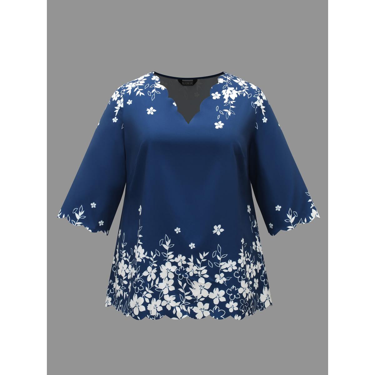 Plus Size Indigo Laser Cut Floral Boho Print Blouse Women Elegant Elbow-length sleeve V-neck Everyday Blouses BloomChic 28/5X Product Image