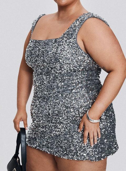 Miss Me Sequin Mini Dress Silver Curve Product Image