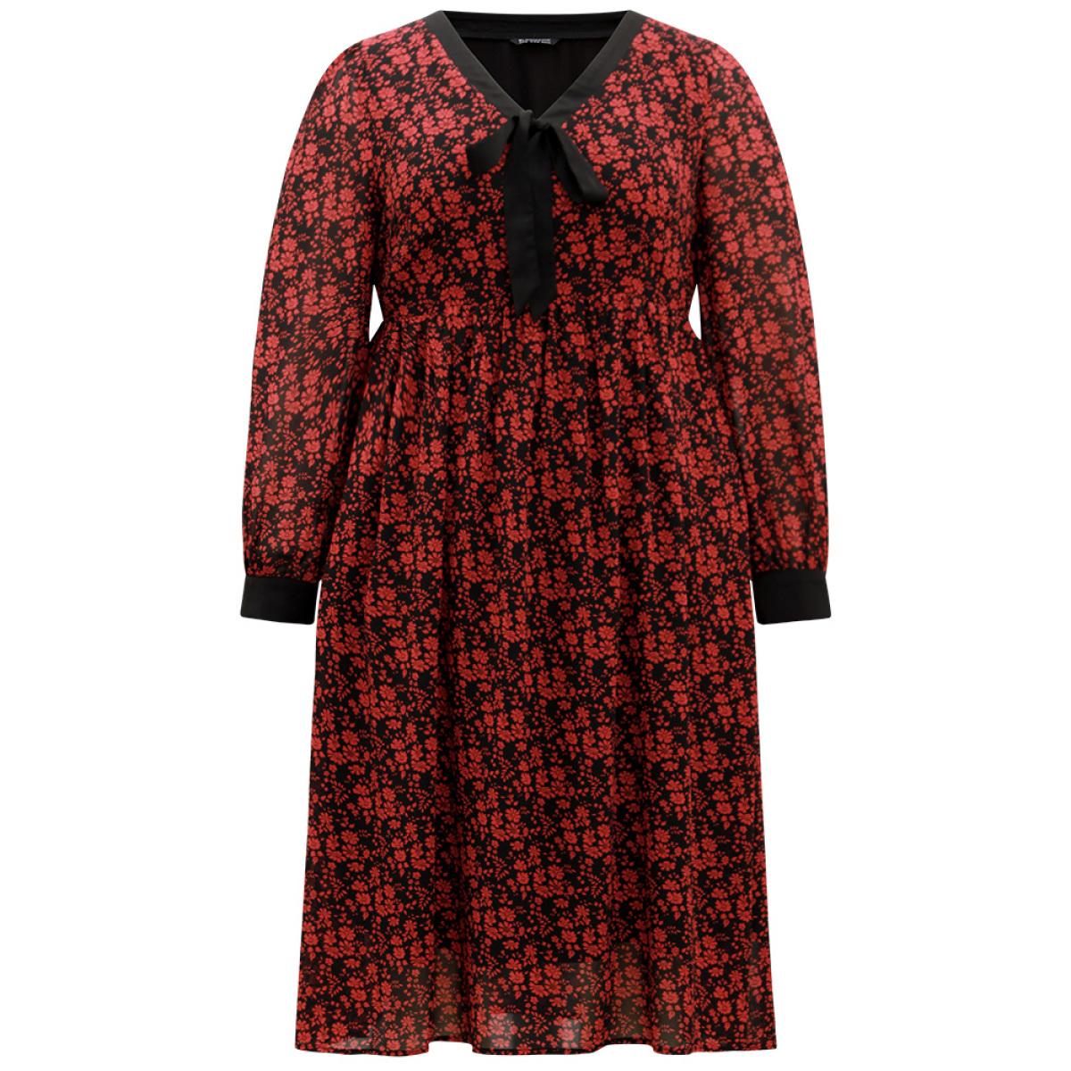 Plus Size Ditsy Floral Patchwork Elastic Waist Ties Dress Black Women Vacation Cross straps Tie Neck Long Sleeve Curvy Midi Dress BloomChic 28/5X Product Image