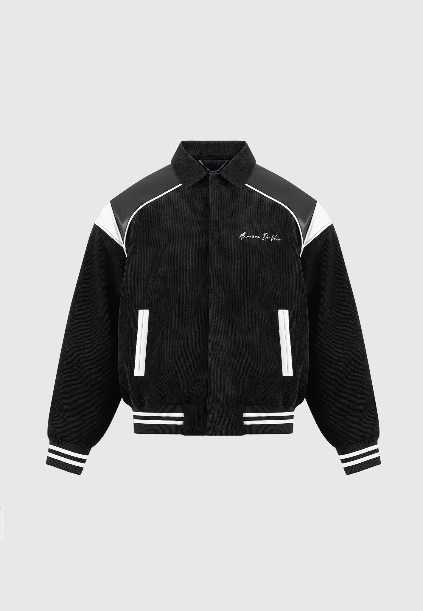Raglan Corduroy Eiffel Varsity Jacket - Black Male Product Image