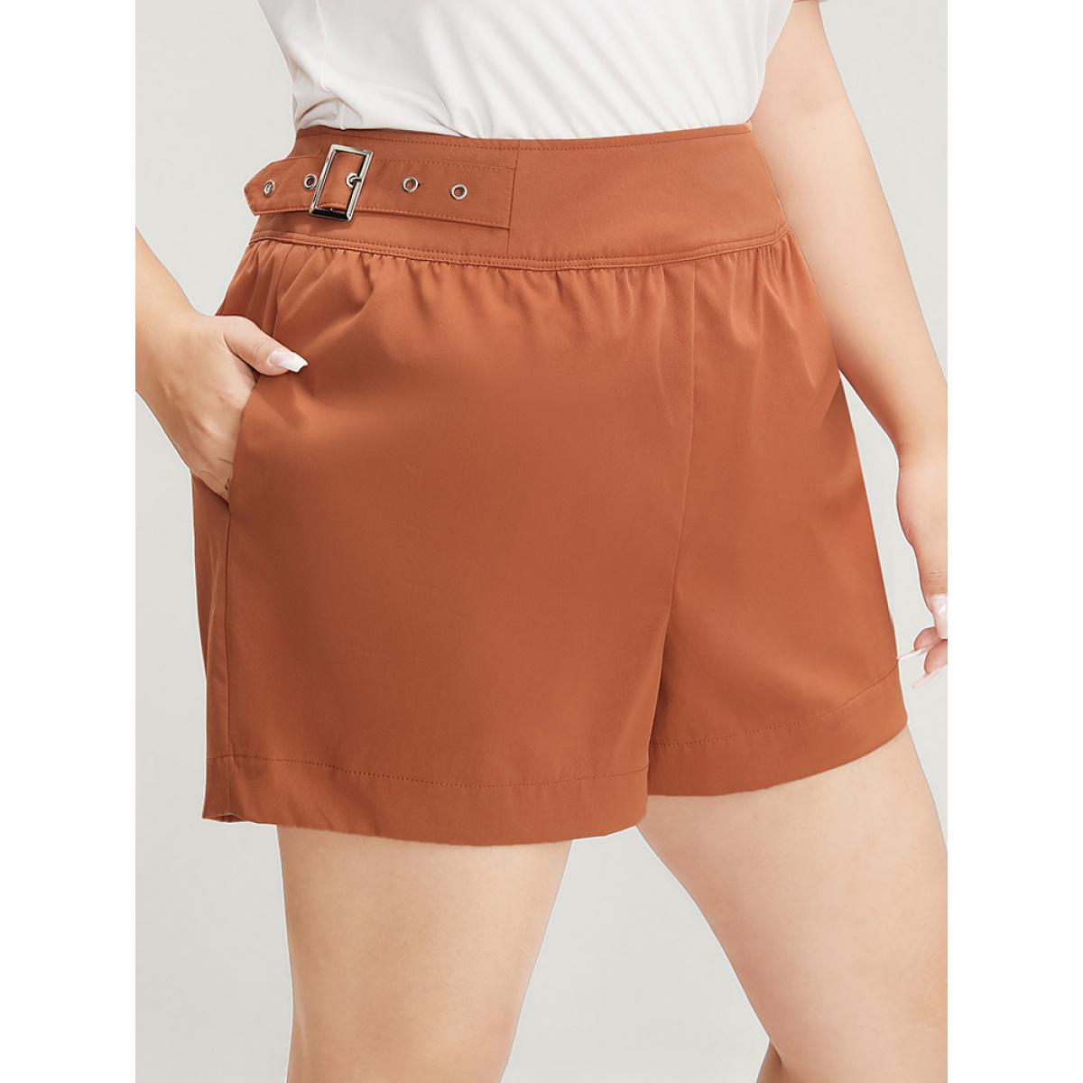 Plus Size Solid Buckle Detail Zipper Back Shorts Women Rust Office Plain Loose Dailywear Shorts BloomChic 30/6X Product Image