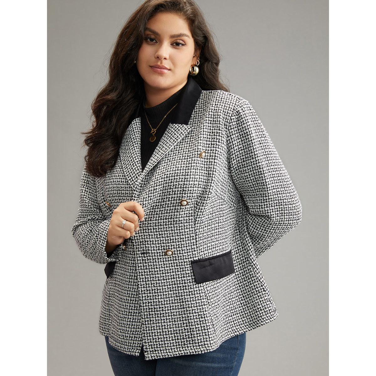 Plus Size Houndstooth Lapel Collar Button Detail Blazer Black Women Work Houndstooth Contrast Sleeve Long Sleeve Lapel Collar 18-20/2X At the Office Blazers BloomChic Product Image