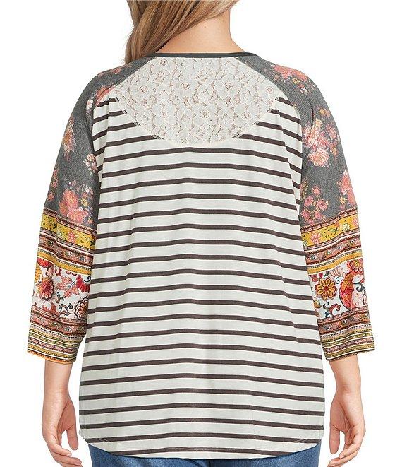 Multiples Plus Size Slub Knit Multi Printed Scoop Neck 3/4 Raglan Sleeve Top Product Image