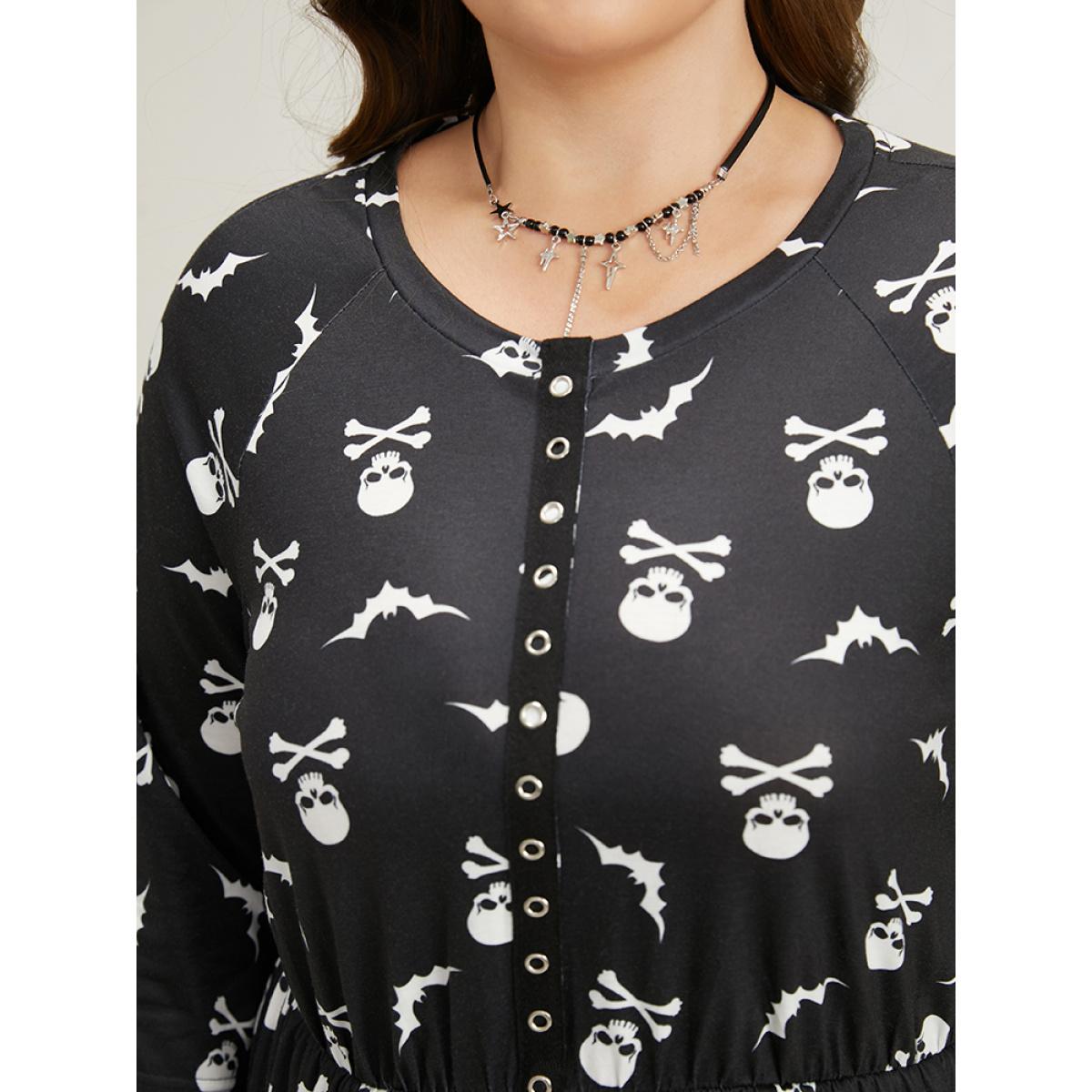 Plus Size Halloween Skull Print Pocket Button Through Dress Black Women Casual Cross straps Round Neck Elbow-length sleeve Curvy Midi Dress BloomChic 18-20/2X Product Image