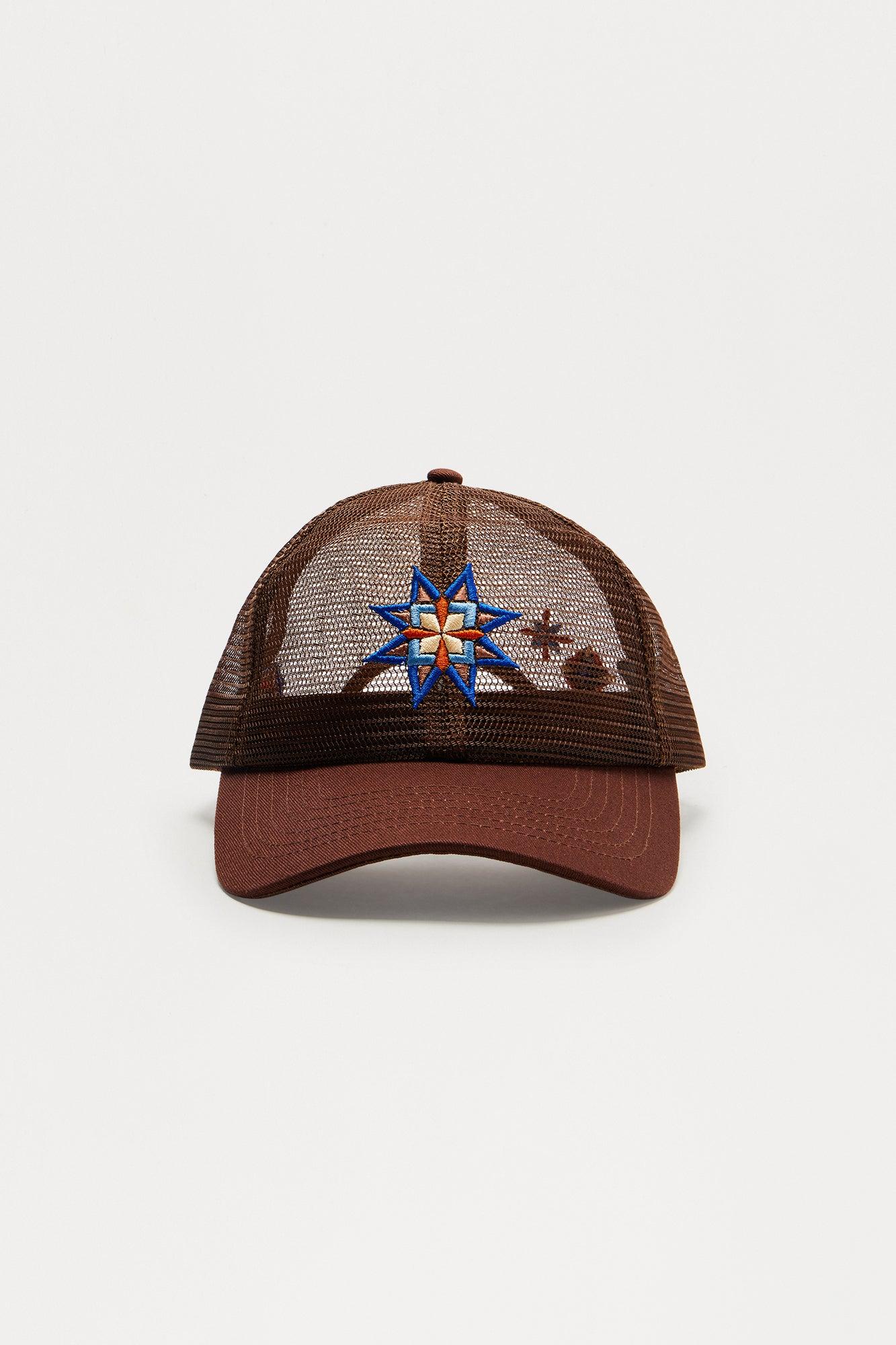 Mesh Embroidered Snapback Hat - Brown Product Image