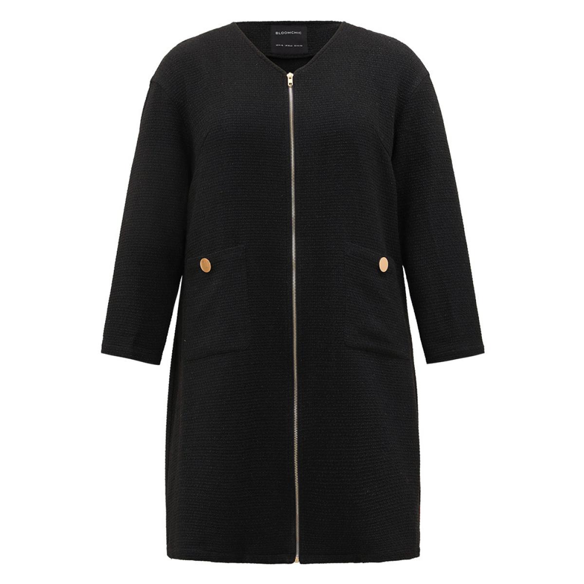Plus Size Solid Tweed Pocket Metai Detail Zipper Coat Women Black Casual Plain Ladies Dailywear Winter Coats BloomChic 18-20/2X Product Image