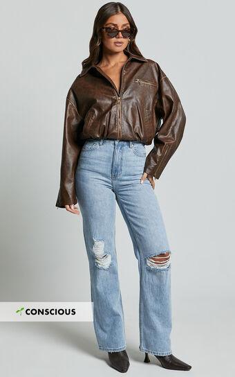 Miho Jeans - High Waisted Recycled Cotton Distressed Straight Leg Denim Jeans in Mid Blue Wash Product Image