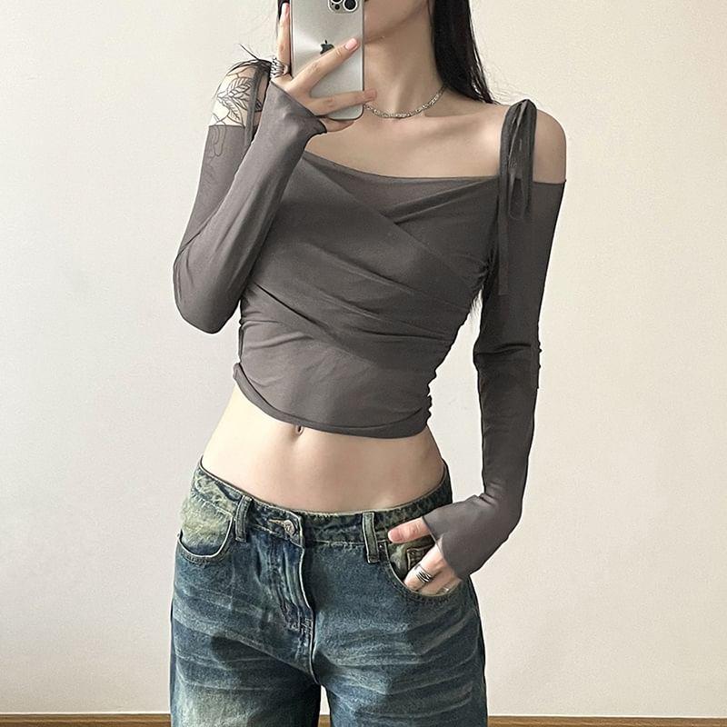 Long Sleeve Tie-Strap Off-Shoulder Plain Mesh  Crop Top Product Image