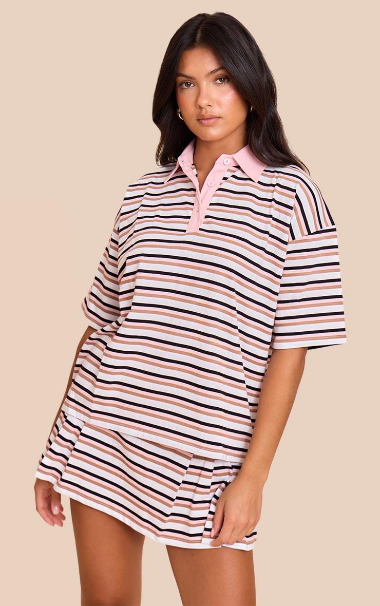 Pink Striped Oversized Collared T-shirt Product Image