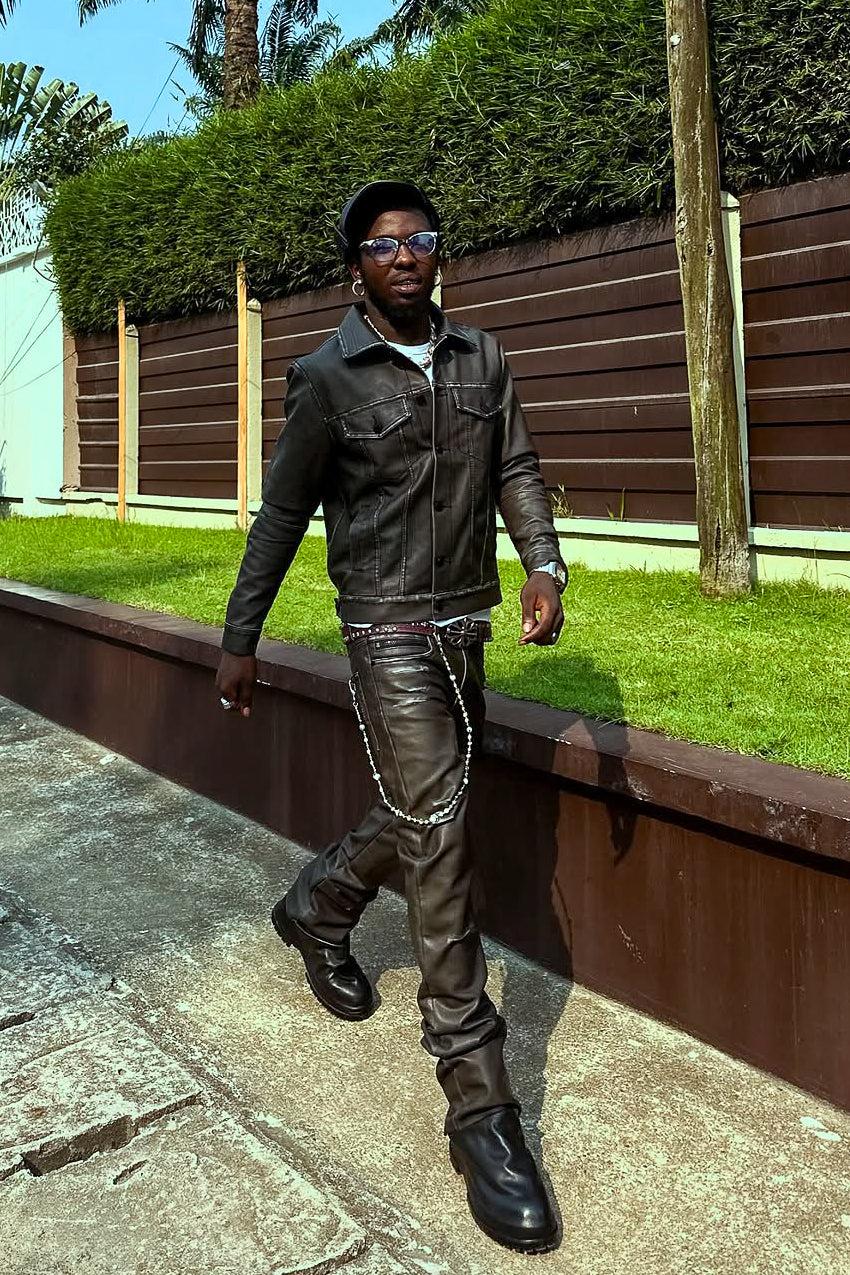 Deco Black Distressed PU Stacked Flare Jean Male Product Image