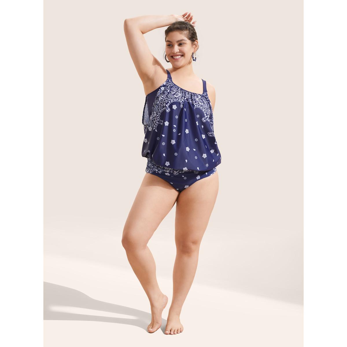 Plus Size Ruched Bandana Print High Rise Swim Bottom Women's Swimwear Navy Beach Non High stretch Skinny High Rise Curve Swim Bottoms BloomChic 18-20/2X Product Image