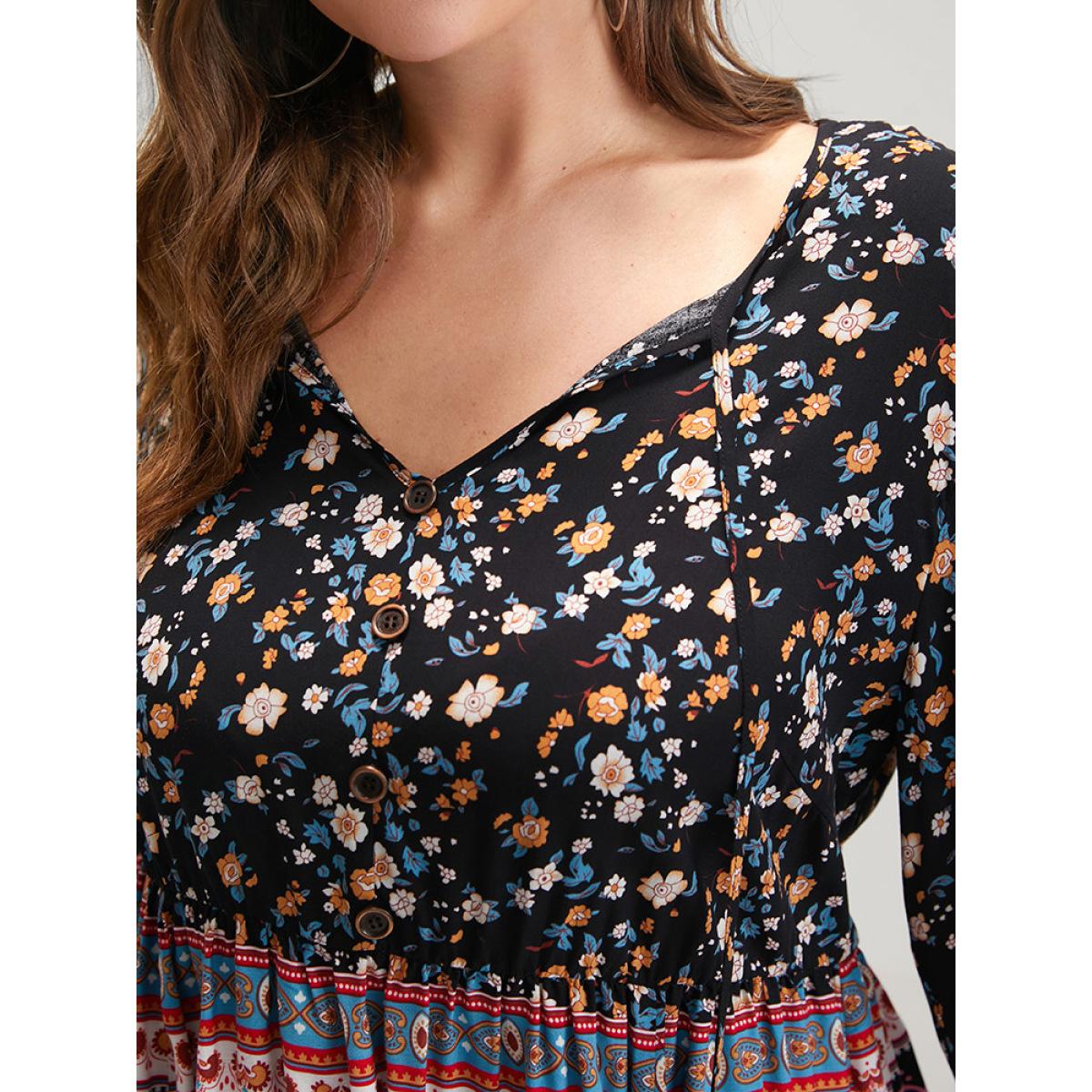 Floral Print Bohemian Plus Size Women Vocation Sundress Tribal Ties Bell Sleeve V Neck Casual Blouses BloomChic Product Image