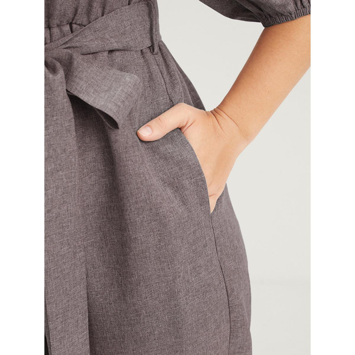 Plus Size Burgundy Plain Fake Button Pocket Puff Sleeve Square Neck Belted Jumpsuit Women Office Half Sleeve Square Neck Work Loose Jumpsuits BloomChic 22-24/3X Product Image