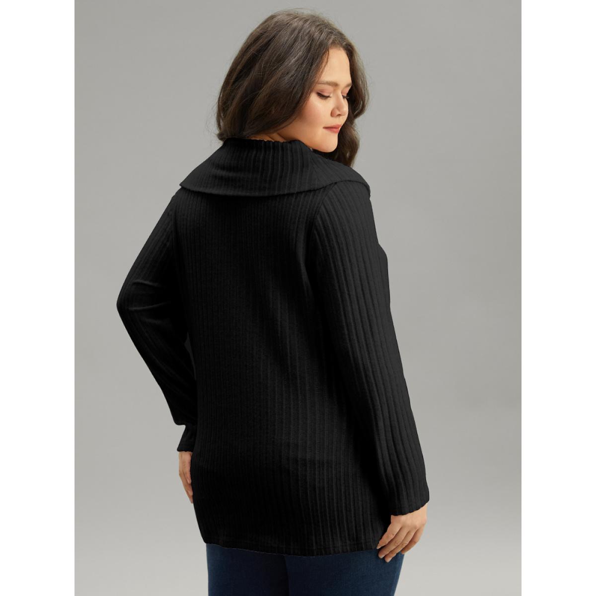 Plus Size Plain Rib Knit Cowl Neck T-shirt Black Women Elegant Texture Plain Ruffled collar Dailywear T-shirts BloomChic 28/5X Product Image