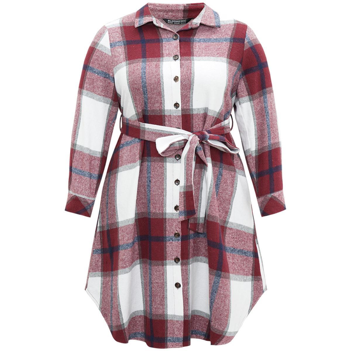 Plus Size Plaid Shirt Collar Button Through Belted Dress Scarlet Women Casual Belted Shirt collar Long Sleeve Curvy Midi Dress BloomChic 12/L Product Image