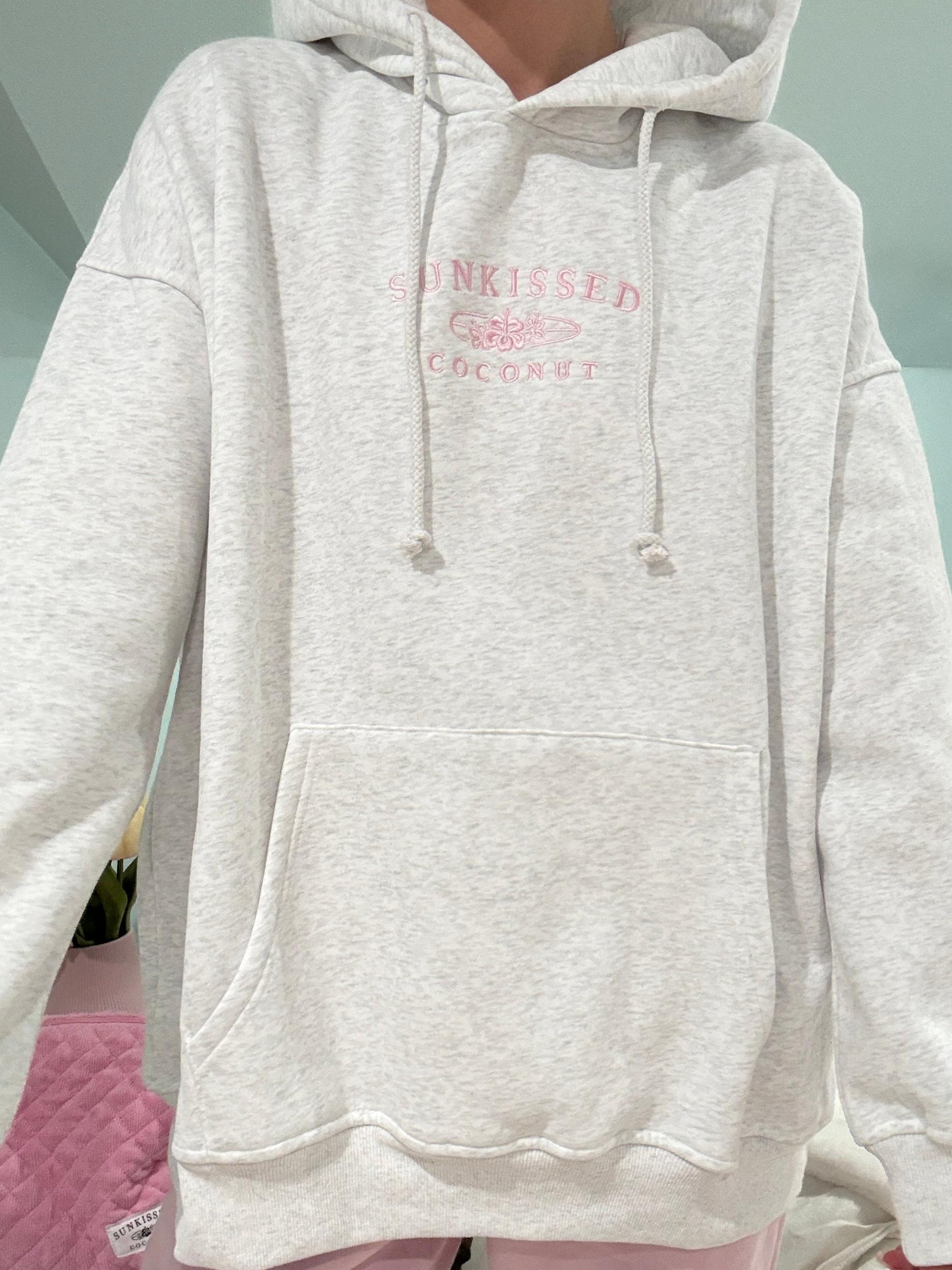 Pearl Grey and Pink Thread Sunkissedcoconut Logo Embroider Hoodie Product Image