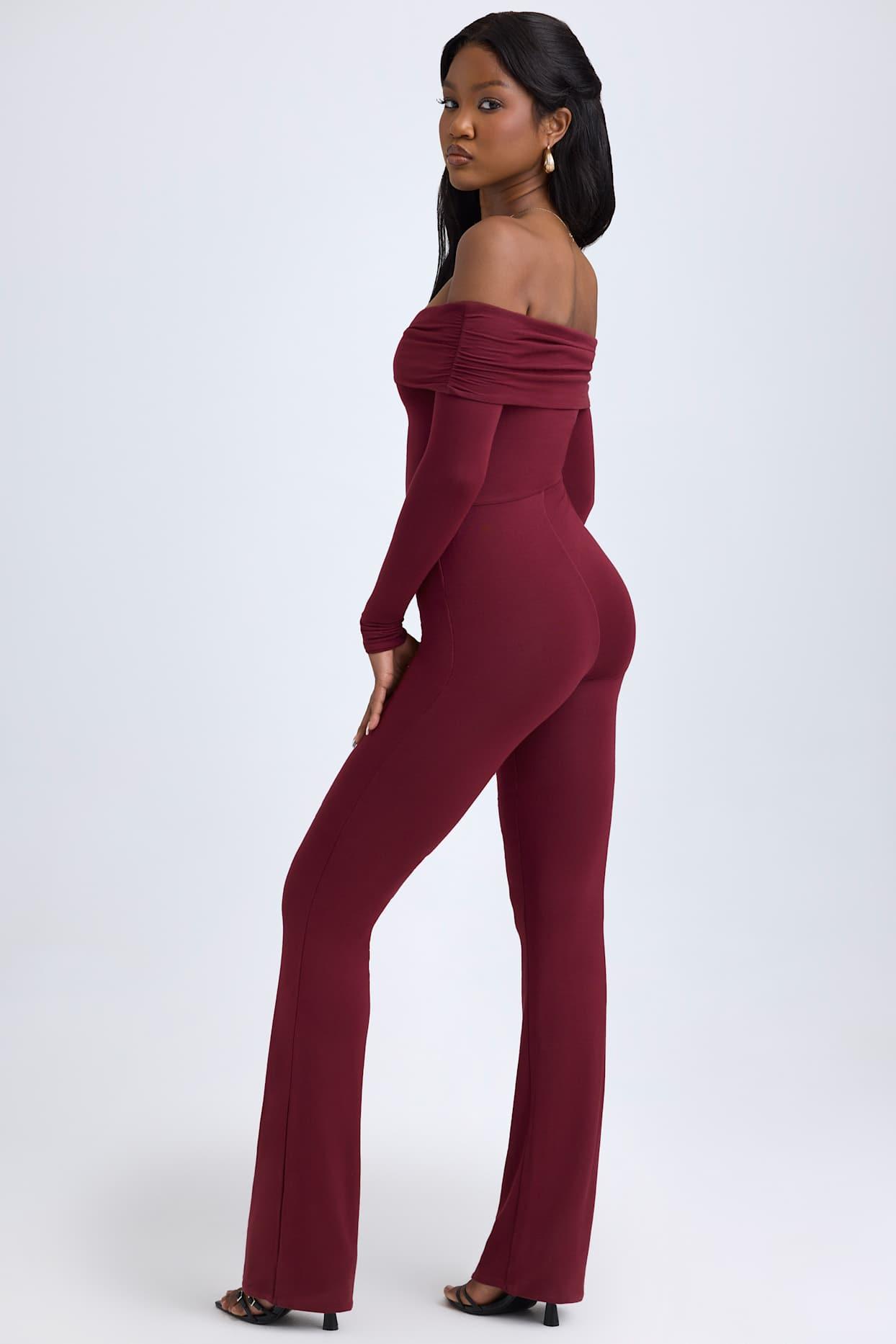 Modal Off-Shoulder Ruched Jumpsuit in Wine Red Product Image