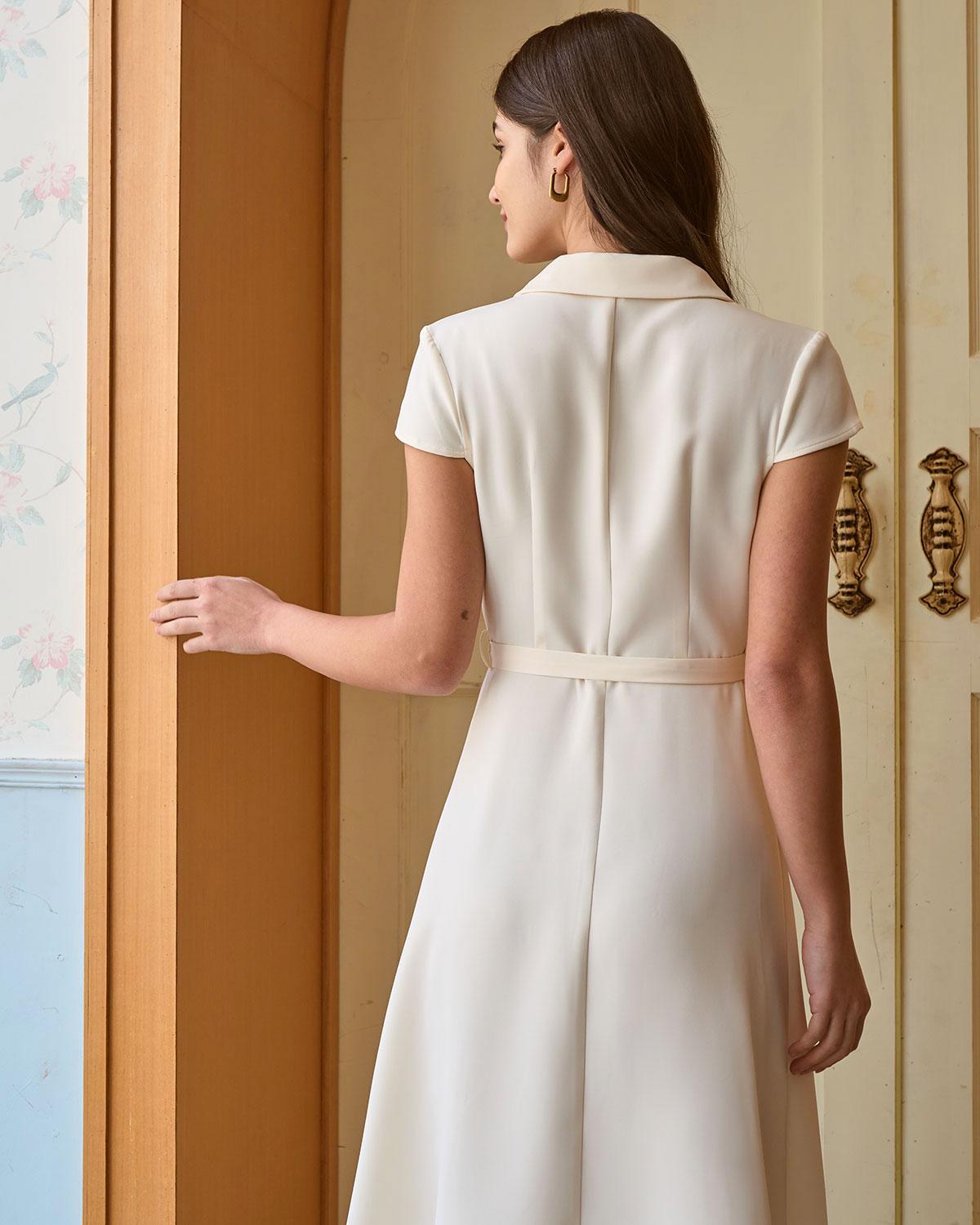 The Beige Lapel Cap Sleeve Shirt Midi Dress Product Image