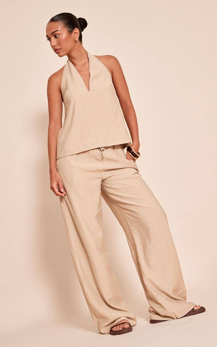  Stone Stripe Woven Halter Neck Tie Crop Top Product Image