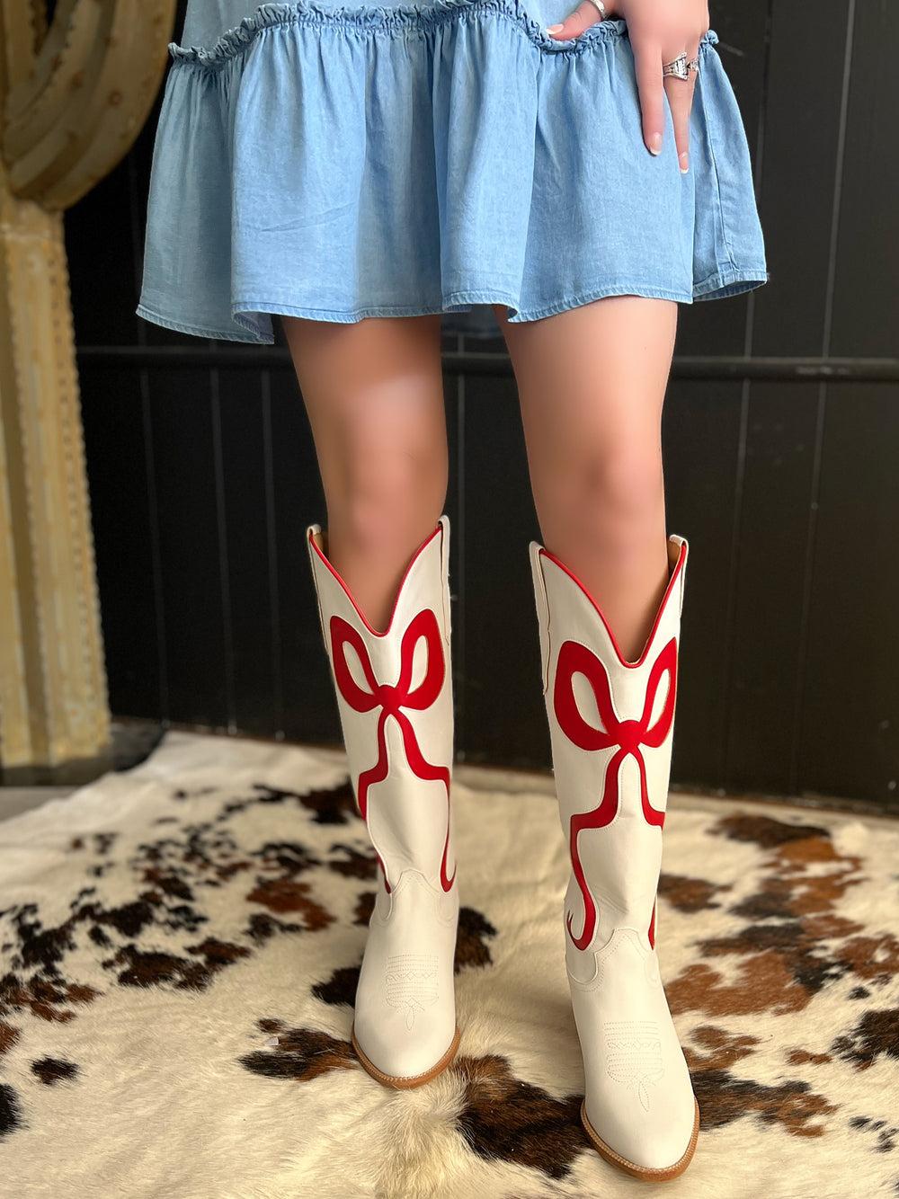 White and Red Bow Boots Product Image
