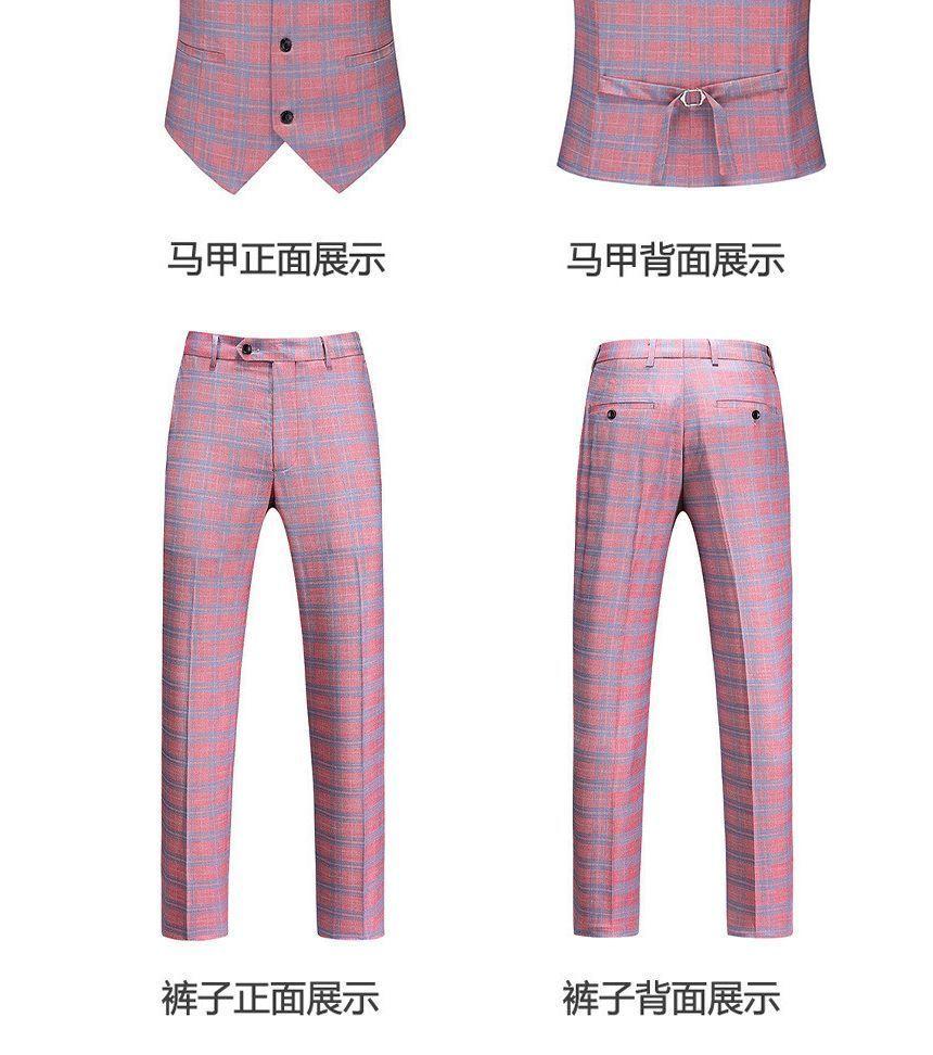 Set: Plaid One-Buttoned Blazer + V-Neck Button-Up Vest + Mid Rise Tapered Dress Pants Product Image