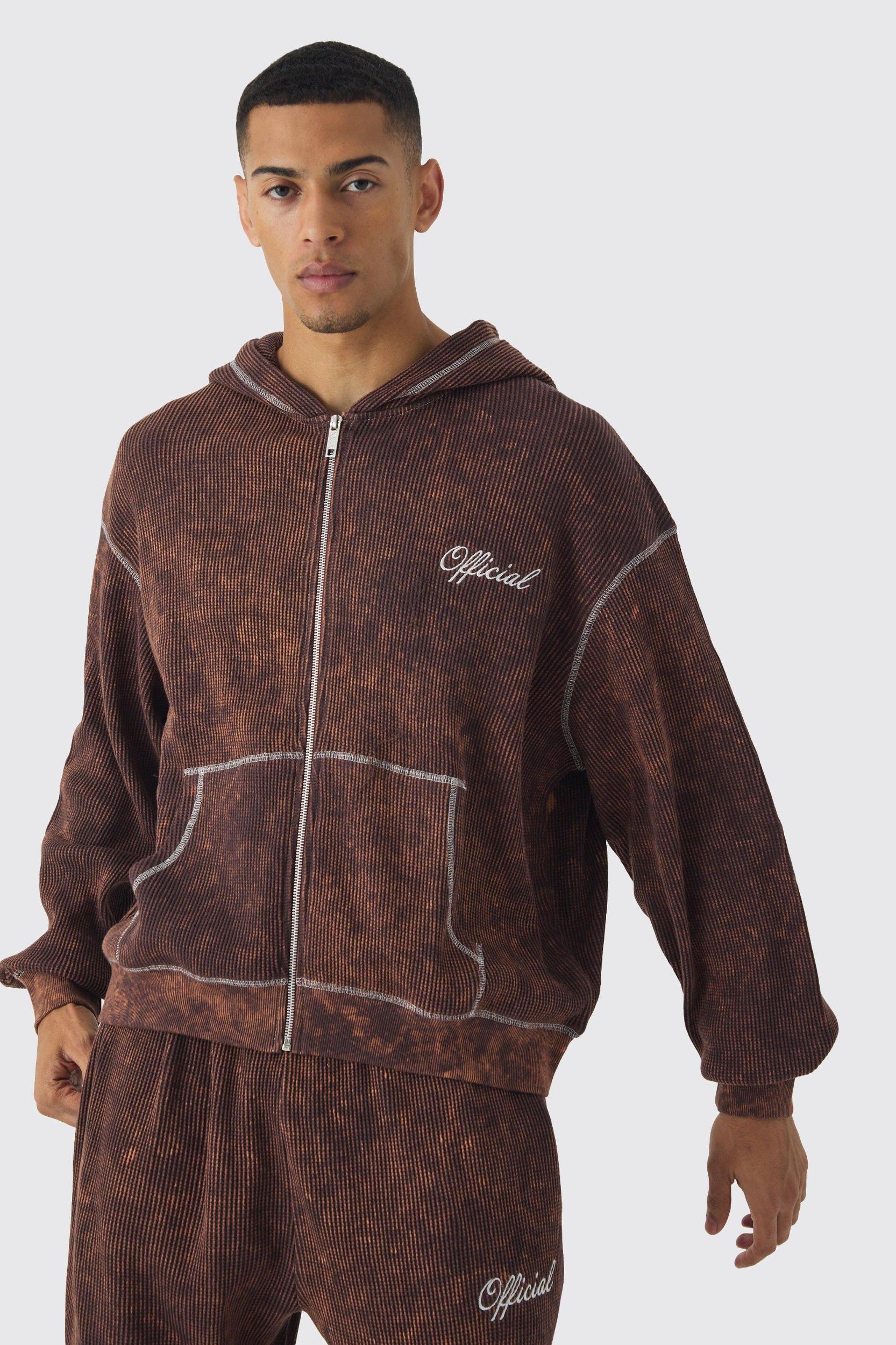 Oversized Boxy Contrast Stitch Acid Wash Heavy Waffle Zip Through Hooded Tracksuit | boohooMAN USA Product Image