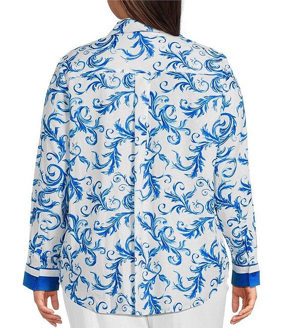 Investments Plus Size Woven Blue Lolite Status Border Long Sleeve Point Collar Button Front Top Product Image