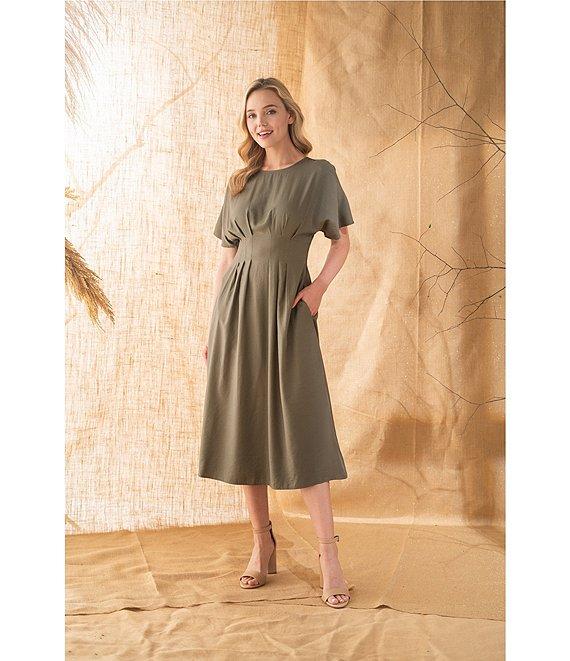 Kensie Short Sleeve Smocked Waist A-Line Midi Dress Product Image