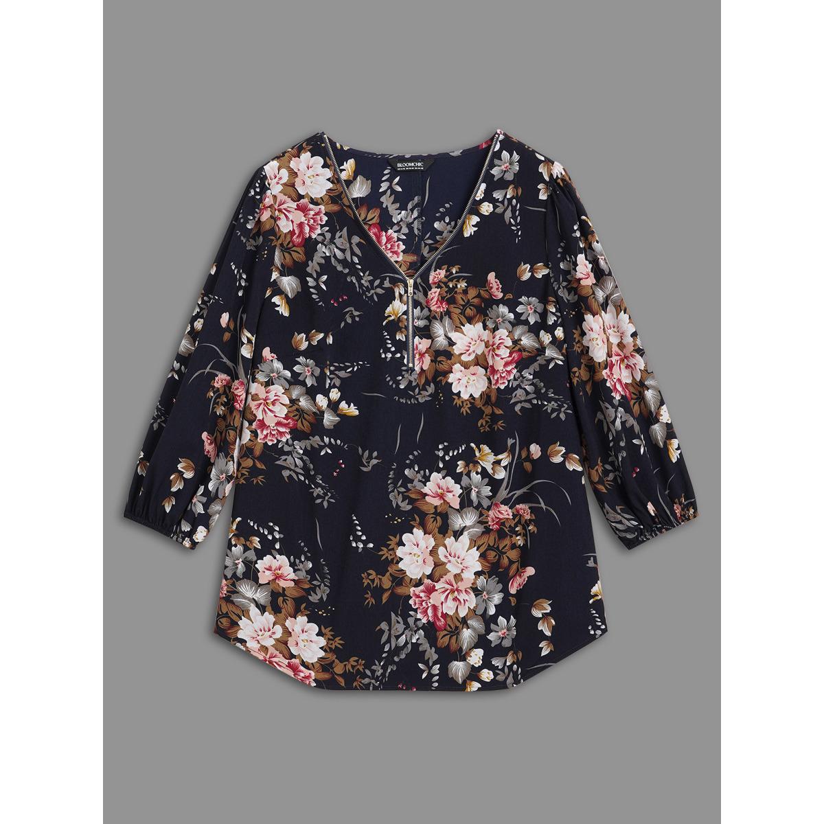 Plus Size Indigo Half Zipper Front Floral Blouse Women Elegant Elbow-length sleeve V-neck Everyday Blouses BloomChic 28/5X Product Image
