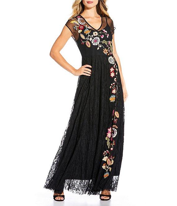 JOHNNY WAS Mertina Floral Embroidered Mesh Lace V-Neck Cap Sleeve A-Line Maxi Dress Product Image