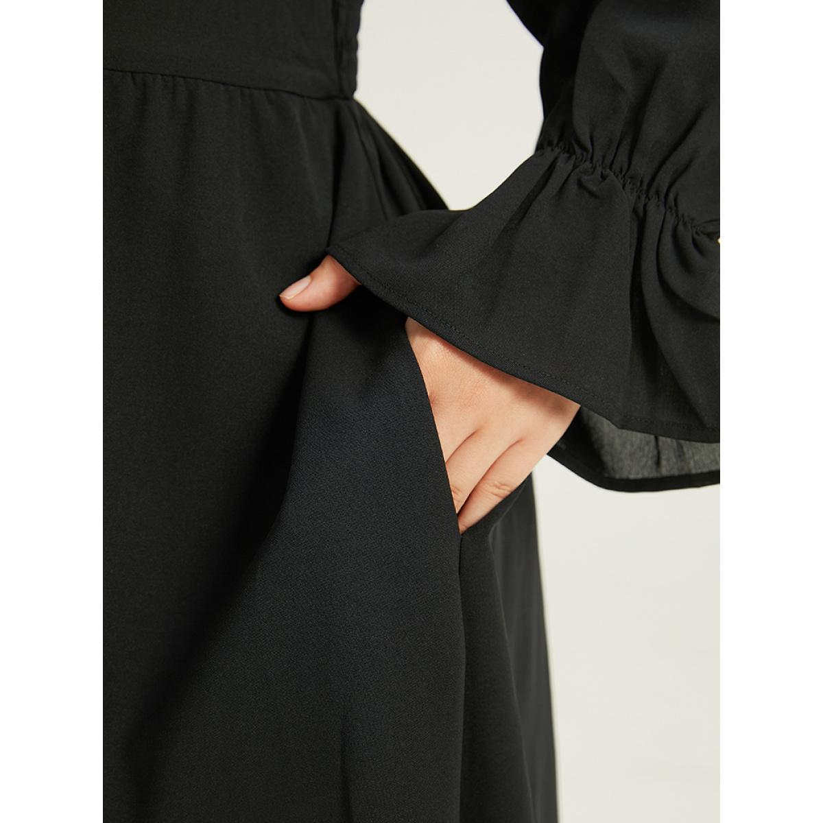 Plus Size Halloween Gingham Patchwork Ruched Ties Dress Black Women Casual Cross straps Square Neck Long Sleeve Curvy Midi Dress BloomChic 14-16/1X Product Image