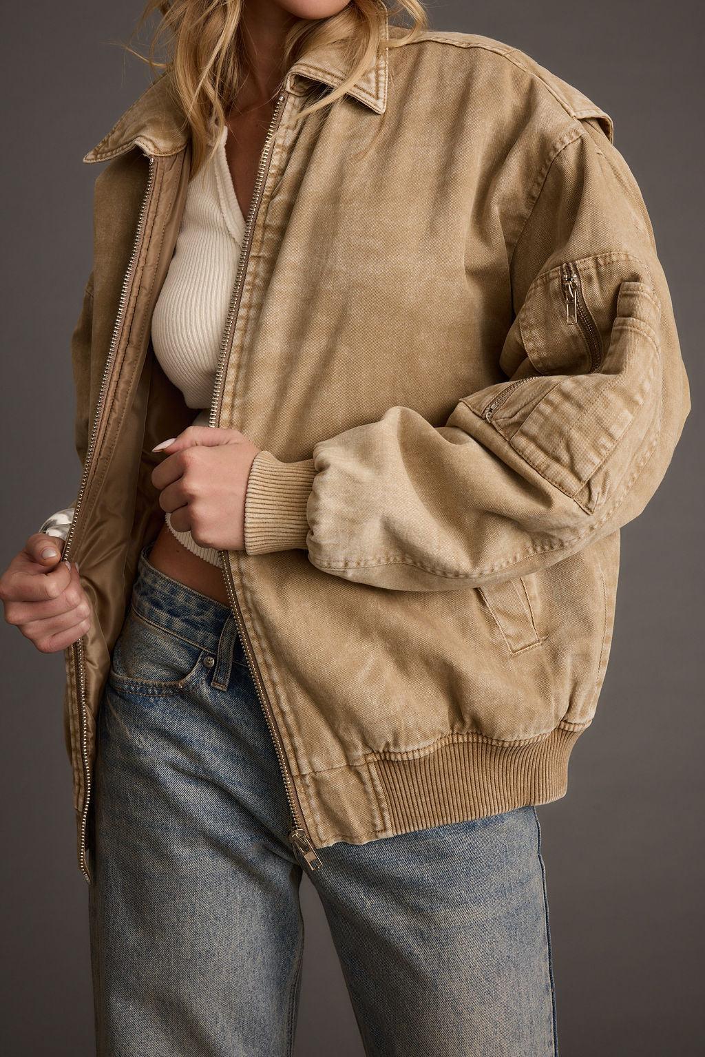 Sawyer Washed Tan Oversized Bomber Jacket Product Image