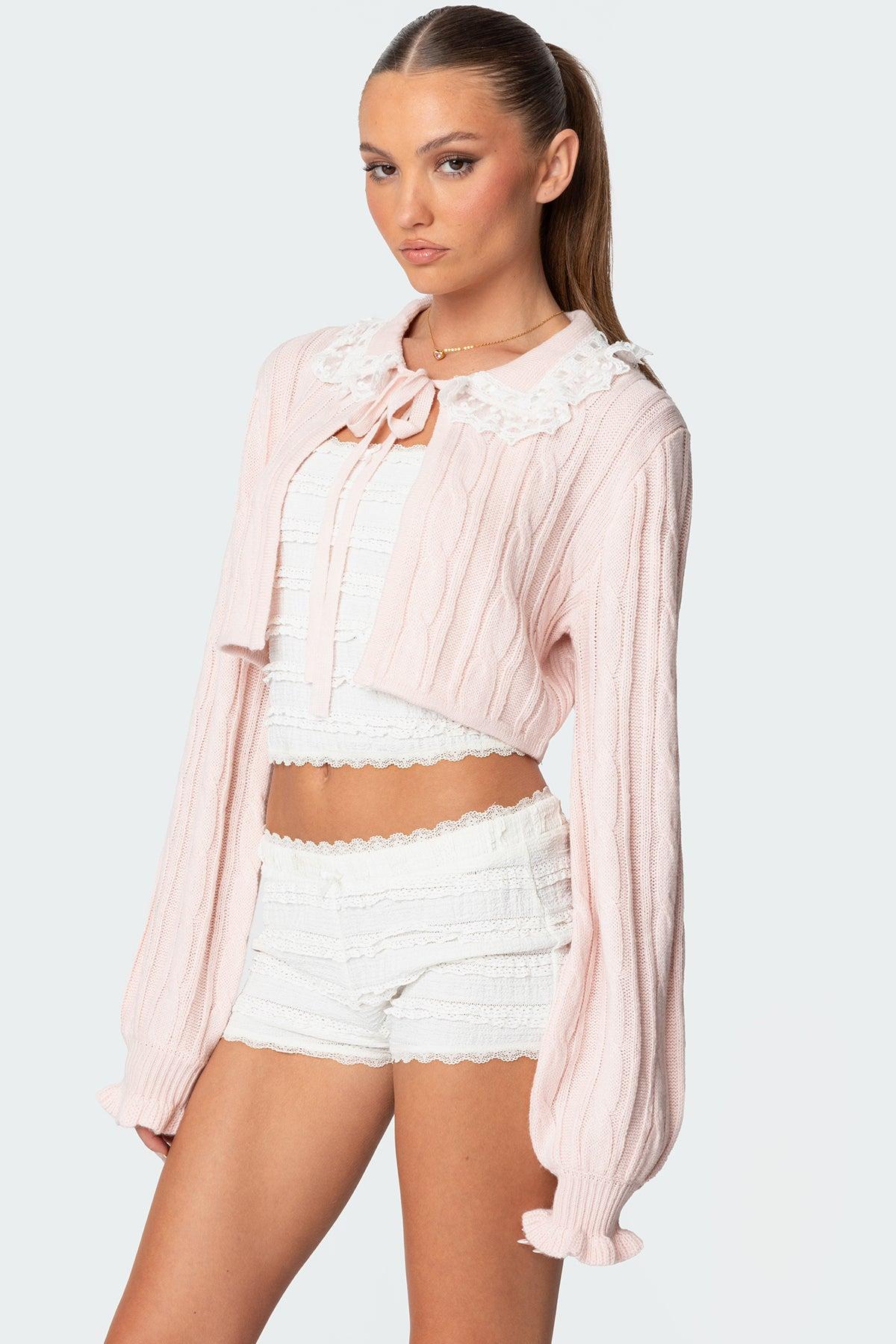 Lacey Collared Cable Knit Cardigan Product Image
