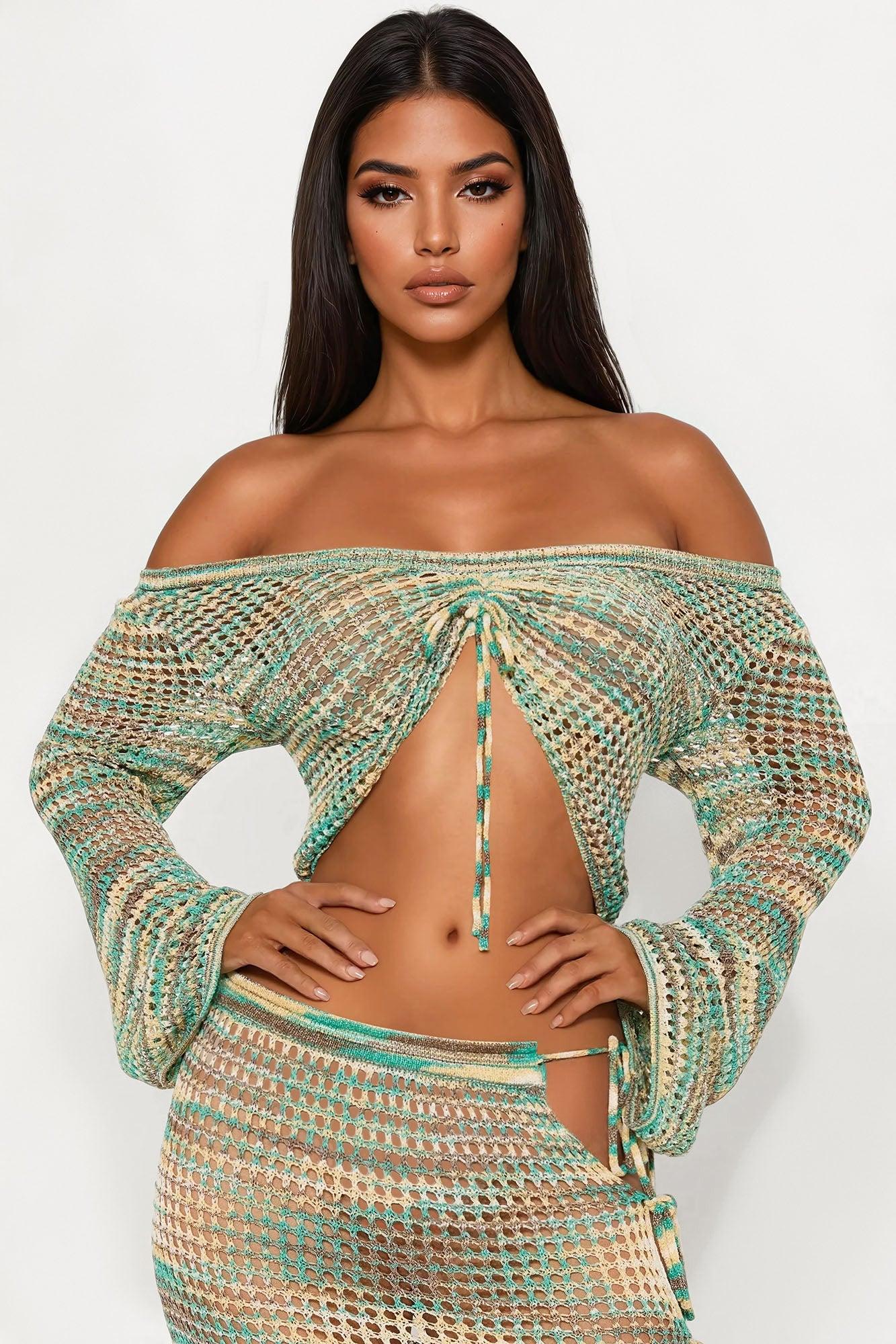 Riley Crochet Off Shoulder Maxi Skirt Set - Green/combo Female Product Image