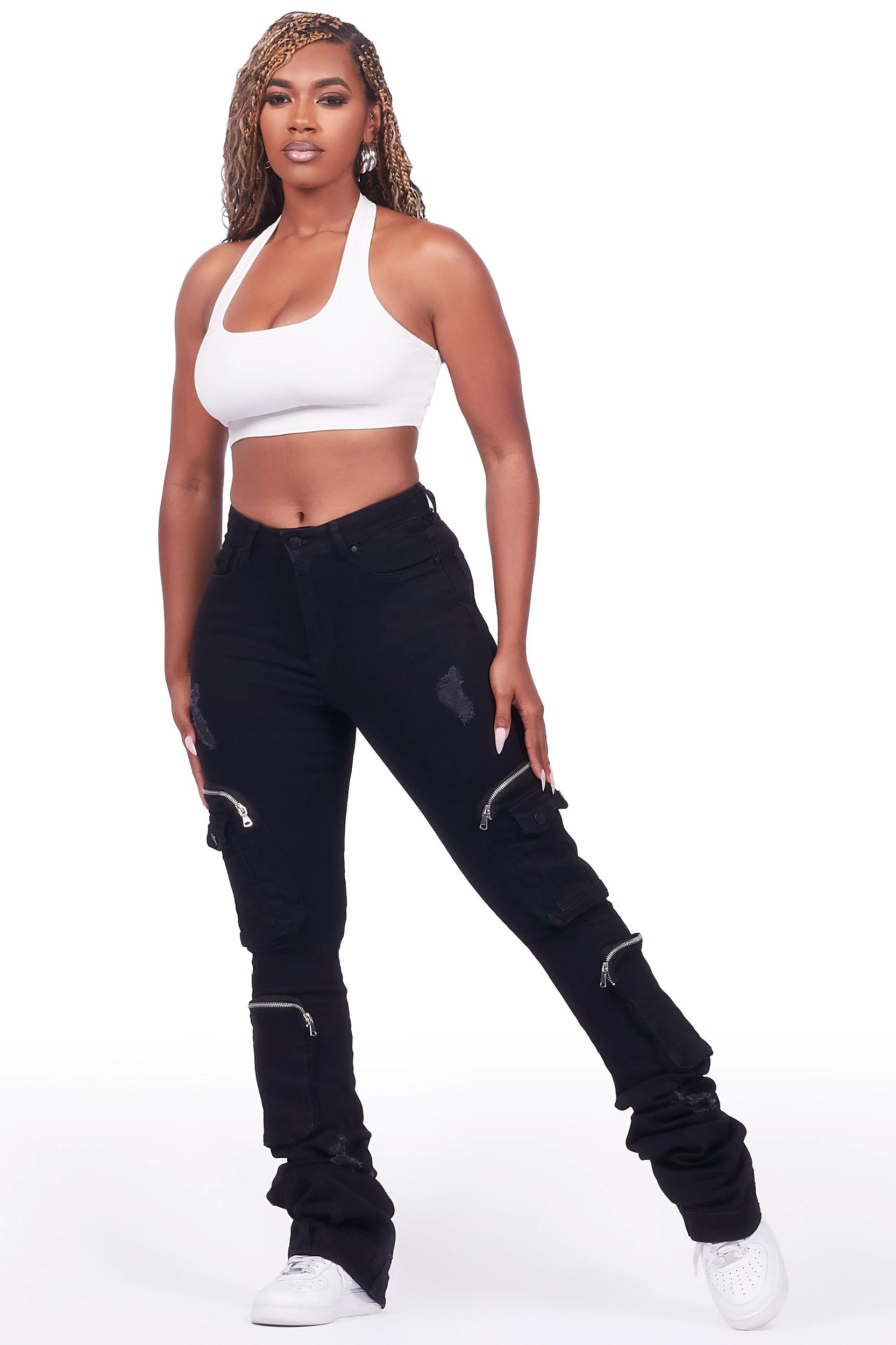 Sareka Black Rhinestone Stacked Flare Jean Female Product Image